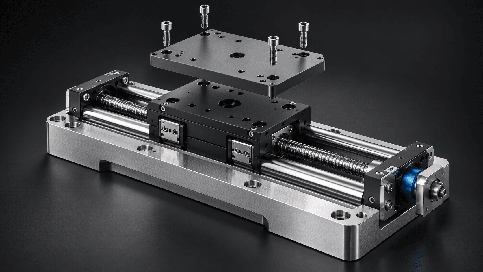 Exploded concept of an aluminum linear mechanism with polished guide rails, carriage and aligned top plate
