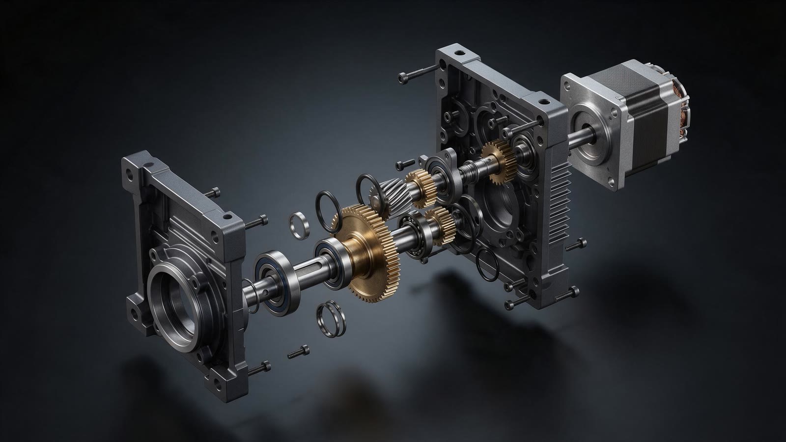 Concept render of a machined gearbox exploded along one axis: split aluminium housing, steel shafts, brass and steel gears, bearings, seals, bolts and a compact motor