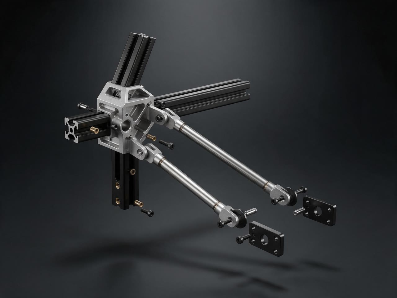 Concept render of a structural frame node exploded apart: black aluminium extrusions, machined corner block, steel struts, brass inserts and mounting plates