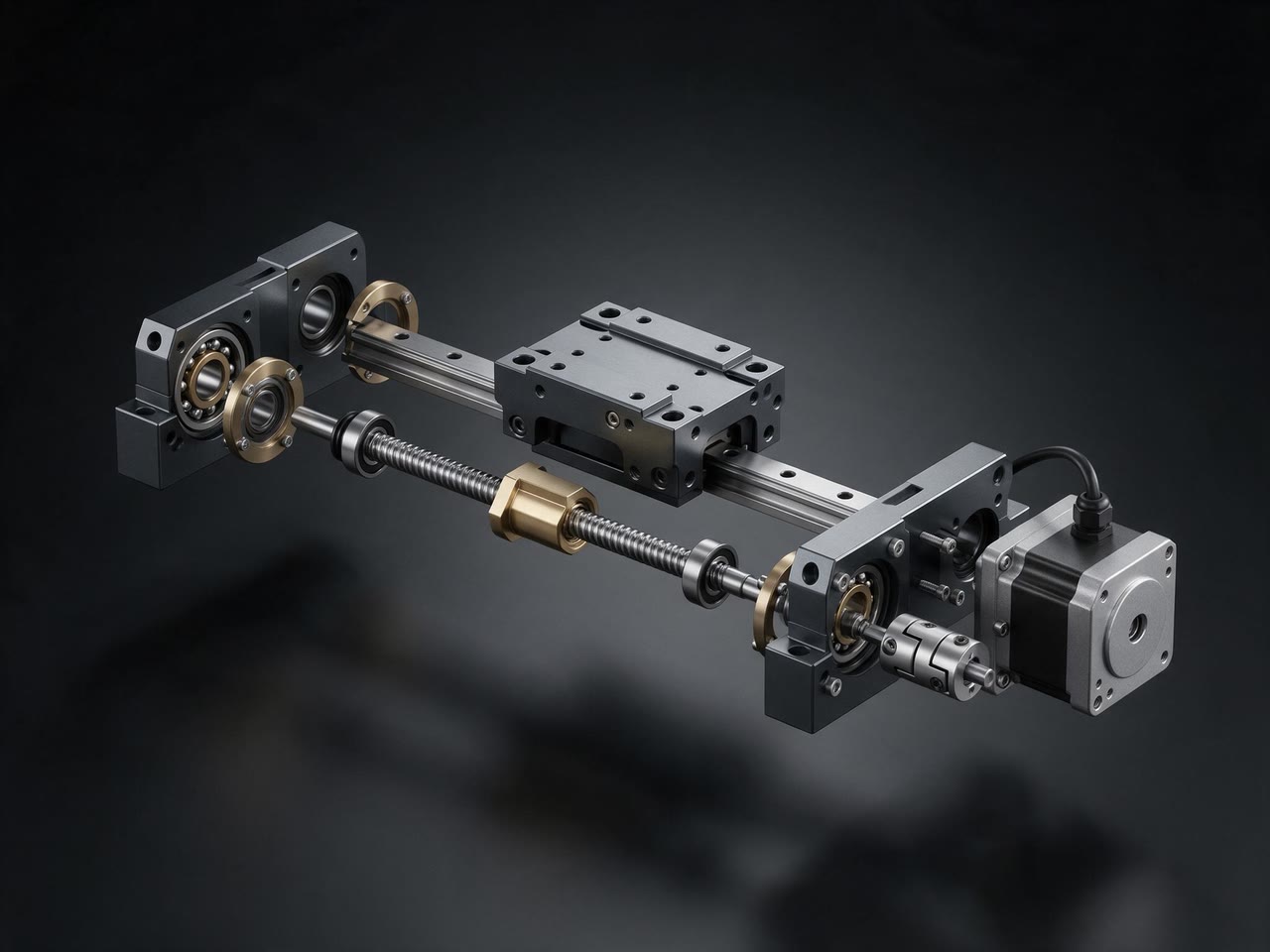 Concept render of a linear motion module exploded along its rail: machined carriage, guide rail, ball screw with brass nut, bearings, coupling and motor